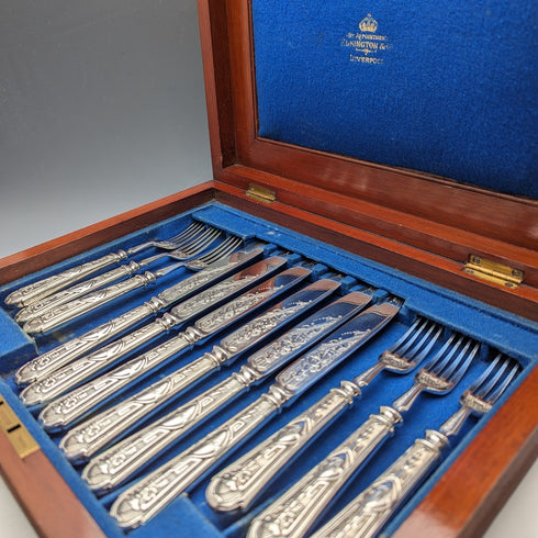 1861 British Antique Silver Plated Cutlery Set of 6 Elkington Wooden Box